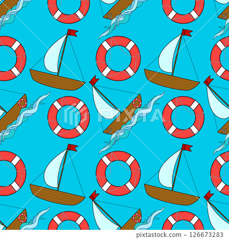 Seamless summer nautical cartoon pattern with sailboats, life buoys, ocean waves on blue background. For summertime, maritime and sea clothing design, bedding, wrapping paper, and nursery wallpaper. 126673283