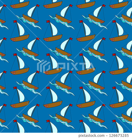 Seamless summer nautical cartoon pattern with sailboats, and ocean waves on dark blue background. For summertime, maritime and sea clothing design, bedding, wrapping paper, and nursery wallpaper. 126673285