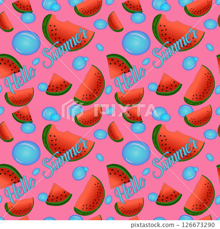 Seamless pattern Hello Summer with vector Appetizing juicy Watermelon and Blue water Bubbles on a vibrant pink background. For Summertime, dessert, fruit design, or National Watermelon Day celebration 126673290