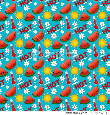 Seamless summer pattern with vector watermelon, sun, thermometers, clouds, flowers and HOT text on blue background. For Summertime, food, dessert, fruit design, or National Watermelon Day celebration. 126673291