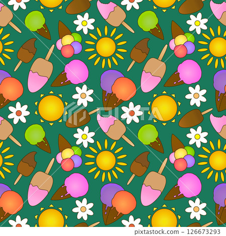 Seamless summer pattern with cartoon illustration of ice cream in waffle cone and on stick, sun and daisy flowers on green background. For Summertime design, or National Ice Cream Day celebration. Seamless summer pattern with cartoon illustration of ice cream in waffle cone and on stick, sun and daisy flowers on green background. For Summertime design, or National Ice Cream Day celebration. 126673293