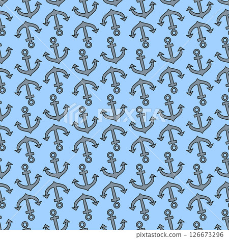 Vector seamless summer nautical cartoon pattern with many anchors on a light blue background. For summertime, maritime and sea clothing design, bedding, wrapping paper, and nursery wallpaper. 126673296