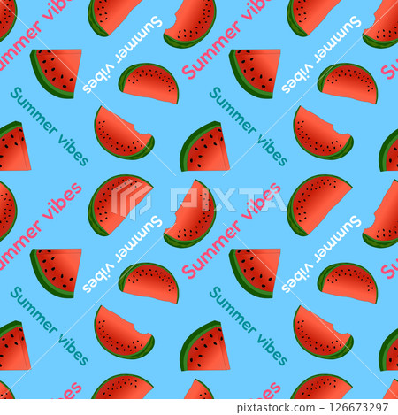 Seamless pattern Summer vibes vector illustration of Watermelon slices on a blue background. Appetizing juicy berry. For Summertime, food, dessert, fruit design, or National Watermelon Day celebration 126673297
