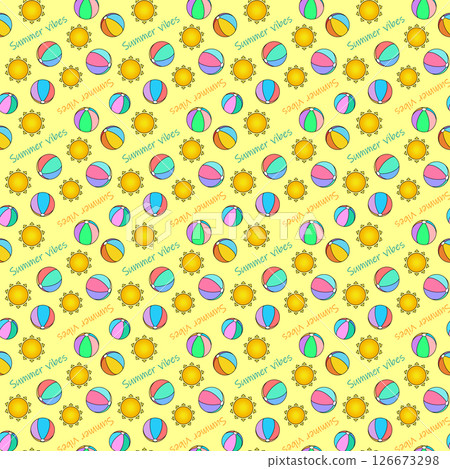 Vector seamless summer cartoon pattern with suns, sunbeams, and beach balls on yellow background. For summertime, sports clothing and garments design, bedding, wrapping paper, and nursery wallpaper. 126673298