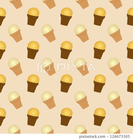 Seamless summer pattern with illustration of ice cream waffle cups in calm, soft tones on a beige background. For Summertime, food, dessert, refreshing design, or National Ice Cream Day celebration. 126673305