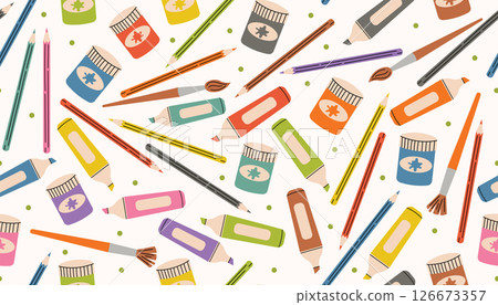 Seamless pattern with colorful art supplies like pencils, paints, and markers in fun cartoon flat style. 126673357
