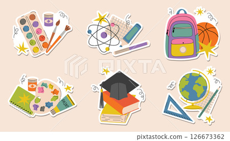 Colorful cartoon flat style sticker set for Back to School theme. Includes fun still life elements like books, backpack, ruler, globe, paints, and more. Colorful cartoon flat style sticker set for Back to School theme. Includes fun still life elements like books, backpack, ruler, globe, paints, and more. 126673362
