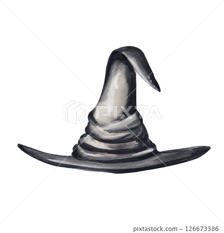 Witch hat. Big pointed black old dented hat. Headdress. Witchcraft accessory. Halloween decor. Watercolor illustration without background. Hand drawing. High quality illustration Witch hat. Big pointed black old dented hat. Headdress. Witchcraft accessory. Halloween decor. Watercolor illustration without background. Hand drawing. High quality illustration 126673386