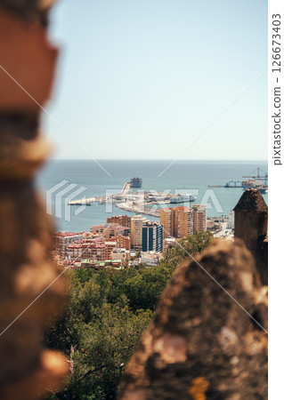 Coastal cityscape with bustling port and scenic views. 126673403