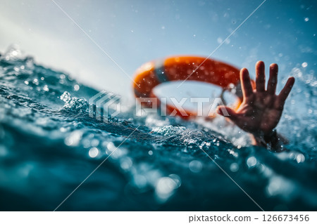 Ocean safety concept, lifebuoy thrown into rough seas 126673456
