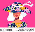 Bold vector illustration of a fashionable woman wearing a large floral hat and matching dress, set against a vivid pink background.  126673509
