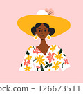 Stylized illustration of a fashionable woman wearing a yellow sunhat and floral dress, posing against a soft pink background.  126673511