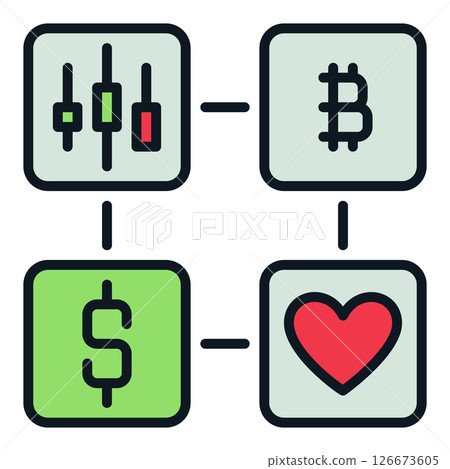 Dollar,Bitcoin,Red Heart and Candle Chart vector colored icon or sign Dollar,Bitcoin,Red Heart and Candle Chart vector colored icon or sign 126673605