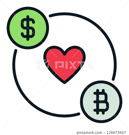 Dollar and Bitcoin with Red Heart vector Crypto Traders and Investors colored icon or sign Dollar and Bitcoin with Red Heart vector Crypto Traders and Investors colored icon or sign 126673607