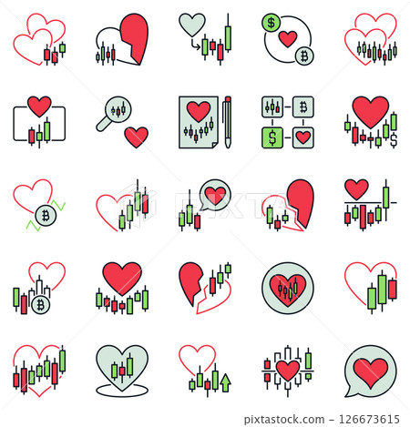 Heart with Candlestick Chart colored icons set - I Love Trading concept vector symbols 126673615