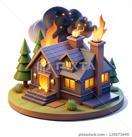 Isometric 3d forest fire scene with burning trees, smoke clouds, and wildlife, environmental disaster concept 126673649