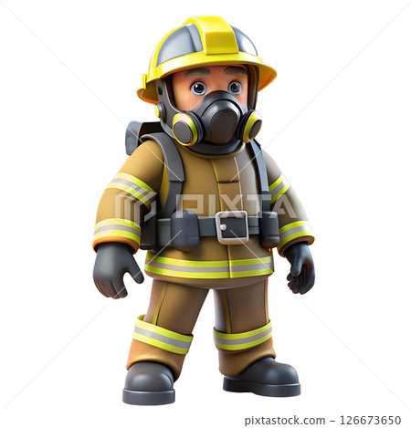Cheerful 3d cartoon firefighter in full uniform with helmet and oxygen tank, cute character design 126673650