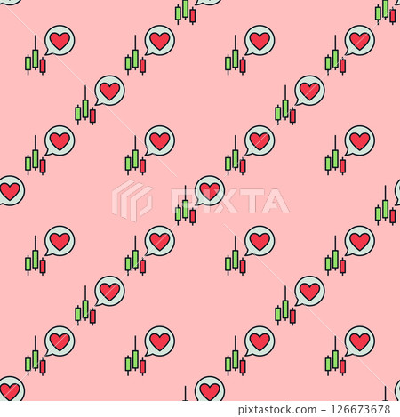 Candle Chart and Speech Bubble with Red Heart vector Finance Love colored seamless pattern 126673678
