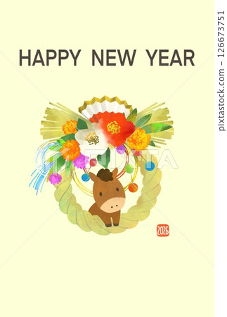 New Year's card 2026 Year of the horse Cute New Year's card with horse and shimenawa 126673751