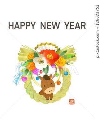 2026年馬年新年賀卡 帶有馬和注連繩的可愛新年賀卡 126673752
