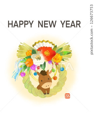 2026年馬年新年賀卡 帶有馬和注連繩的可愛新年賀卡 126673753