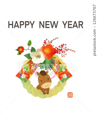 New Year's card 2026 Year of the horse Cute New Year's card with horse and shimenawa 126673767