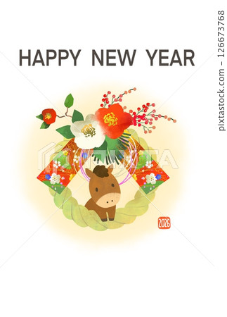 New Year's card 2026 Year of the horse Cute New Year's card with horse and shimenawa 126673768