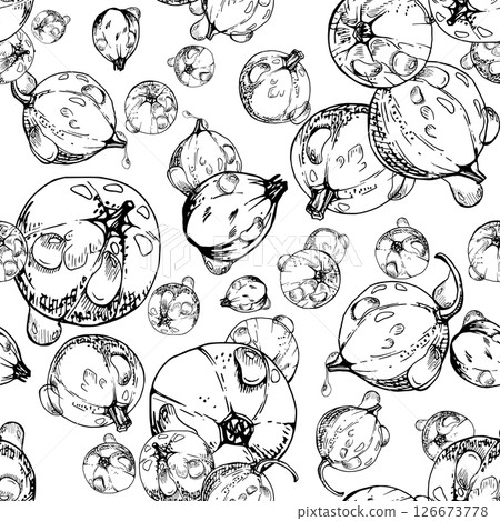 Currant gooseberry in water dew drops, garden berry huckleberry juneberry casseille jostaberry, vector ink hand drawn. Isolated seamless pattern tile. Background wallpaper, packaging cover design 126673778