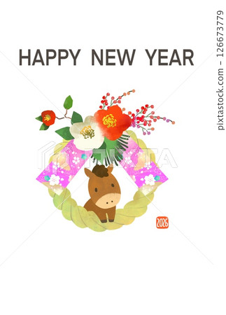 2026年馬年新年賀卡 帶有馬和注連繩的可愛新年賀卡 126673779