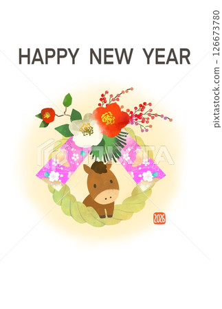 2026年馬年新年賀卡 帶有馬和注連繩的可愛新年賀卡 2026年馬年新年賀卡 帶有馬和注連繩的可愛新年賀卡 126673780