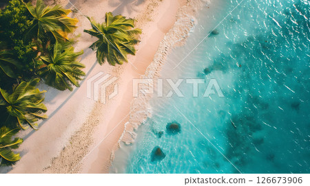 Azure coast of the ocean with palm trees, sand, surf and shells. AI Generated Azure coast of the ocean with palm trees, sand, surf and shells. AI Generated 126673906