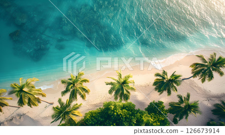 Azure coast of the ocean with palm trees, sand, surf and shells. AI Generated 126673914
