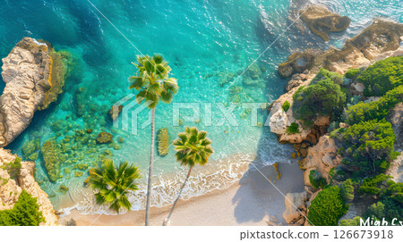 Azure coast of the ocean with palm trees, sand, surf and shells. AI Generated Azure coast of the ocean with palm trees, sand, surf and shells. AI Generated 126673918