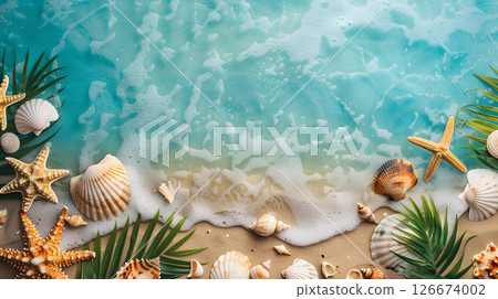 Azure coast of the ocean with palm trees, sand, surf and shells. AI Generated 126674002