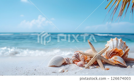 Azure coast of the ocean with palm trees, sand, surf and shells. AI Generated Azure coast of the ocean with palm trees, sand, surf and shells. AI Generated 126674003