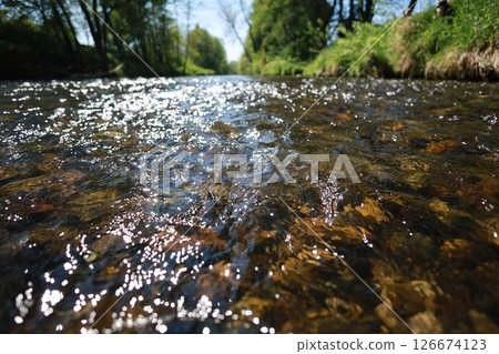 The water is clear and calm, with some rocks scattered throughout 126674123