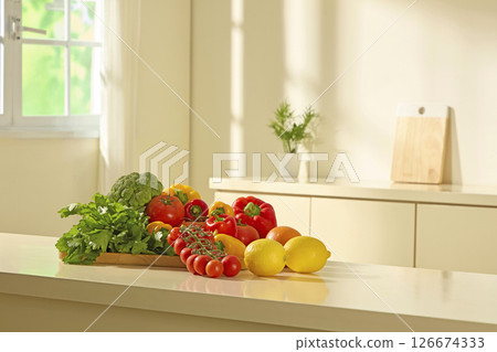 Assorted fruits and vegetables like lemons and bell peppers arranged neatly on a beige countertop, framed by soft natural lighting from a nearby window. Blank space for design Assorted fruits and vegetables like lemons and bell peppers arranged neatly on a beige countertop, framed by soft natural lighting from a nearby window. Blank space for design 126674333