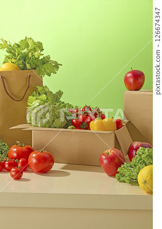 A kraft bag filled with greens, broccoli and tomatoes neatly arranged on the counter, framed against a bright green background for a farm fresh look. The concept of healthy organic vegetables A kraft bag filled with greens, broccoli and tomatoes neatly arranged on the counter, framed against a bright green background for a farm fresh look. The concept of healthy organic vegetables 126674347