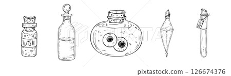 Vector set of Glass potion bottles with cork and eyes, death symbol. Hand painted linear wizard halloween illustration. Graphic magic monochrome sketch isolated on background. For designers, prints 126674376