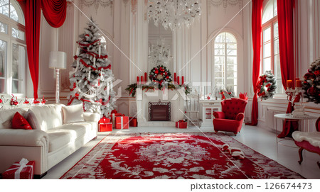 Beautiful festive Christmas interior with red and white flowers. AI Generated 126674473