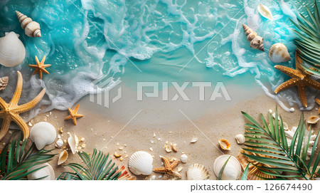 Azure coast of the ocean with palm trees, sand, surf and shells. AI Generated Azure coast of the ocean with palm trees, sand, surf and shells. AI Generated 126674490