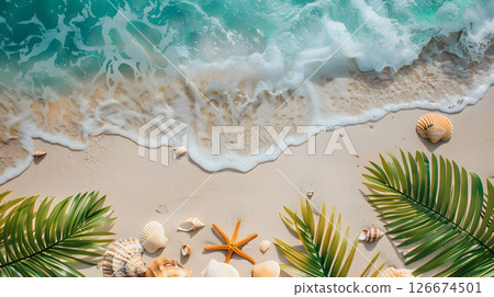 Azure coast of the ocean with palm trees, sand, surf and shells. AI Generated 126674501