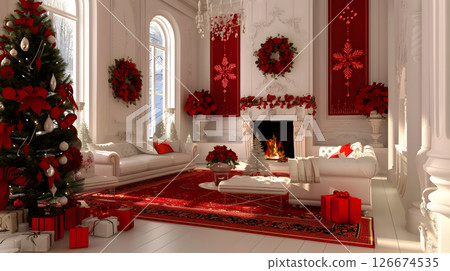 Beautiful festive Christmas interior with red and white flowers. AI Generated 126674535