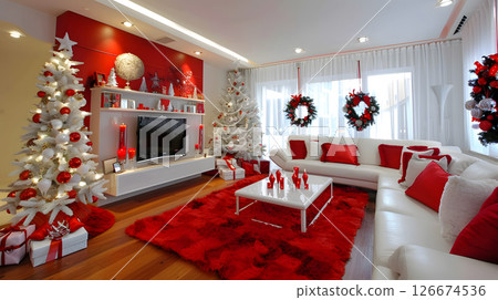Beautiful festive Christmas interior with red and white flowers. AI Generated 126674536