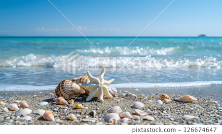 Azure coast of the ocean with palm trees, sand, surf and shells. AI Generated 126674647