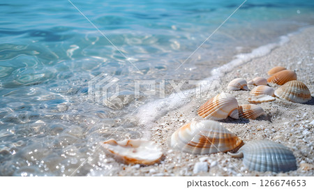 Azure coast of the ocean with palm trees, sand, surf and shells. AI Generated Azure coast of the ocean with palm trees, sand, surf and shells. AI Generated 126674653