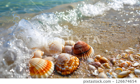 Azure coast of the ocean with palm trees, sand, surf and shells. AI Generated 126674654