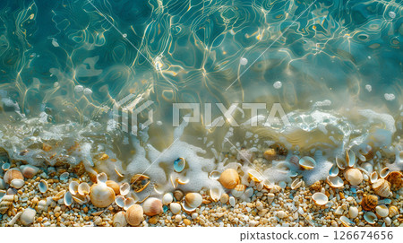 Azure coast of the ocean with palm trees, sand, surf and shells. AI Generated 126674656