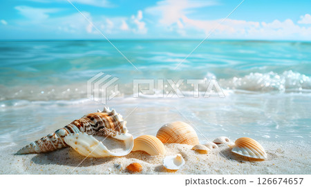 Azure coast of the ocean with palm trees, sand, surf and shells. AI Generated 126674657