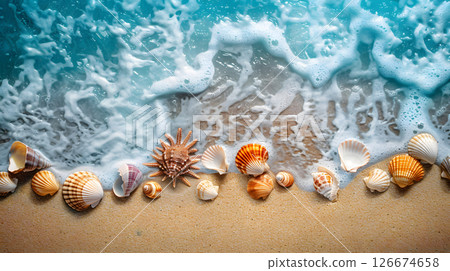 Azure coast of the ocean with palm trees, sand, surf and shells. AI Generated 126674658